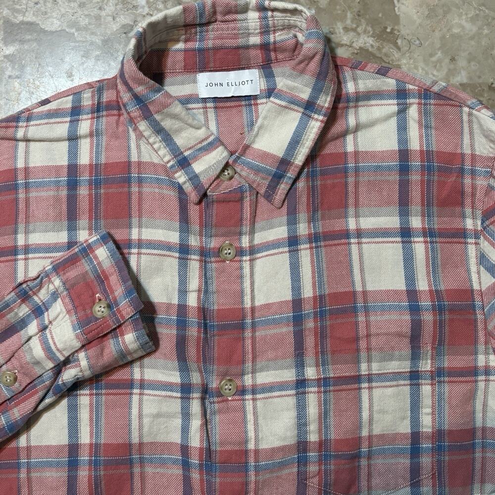 John Elliot Flannel Shirt Mens Medium 2 Red Cotton Linen Ramie Blend Long Sleeve